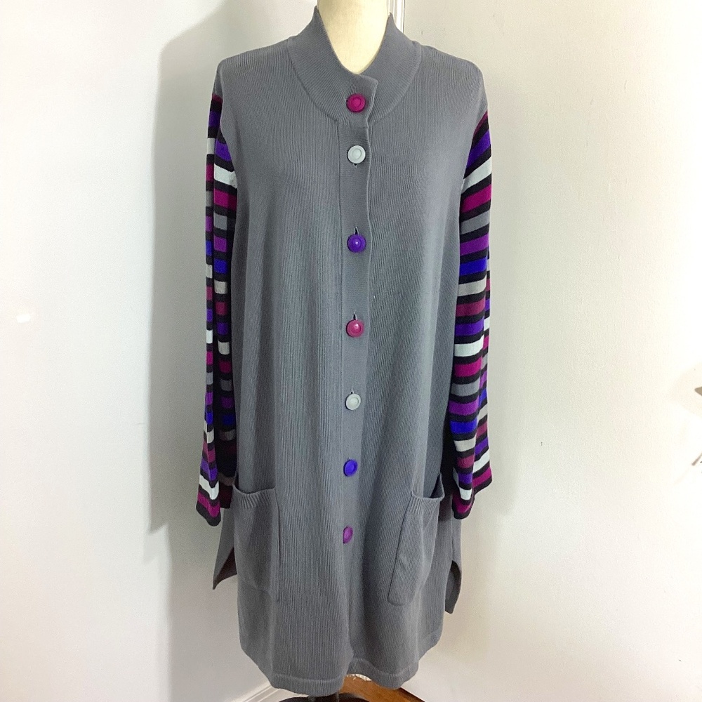 NWT BOB MACKIE WEARABLE ART PLUS 2X KNIT GRAY LONG CARDIGAN STRIPED SLEEVES